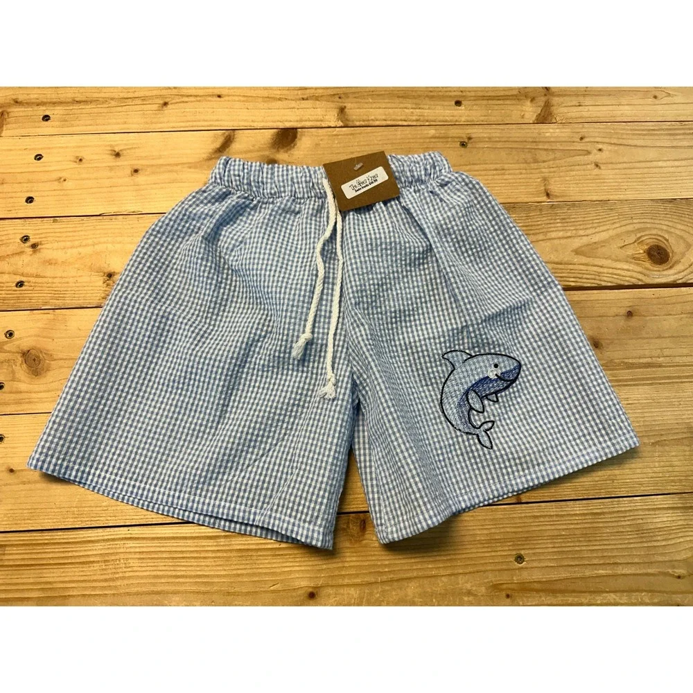 Boys‎ Gingham Seersucker Shorts Swim Trunks with Shark Embroidery Kids Size 4/5T